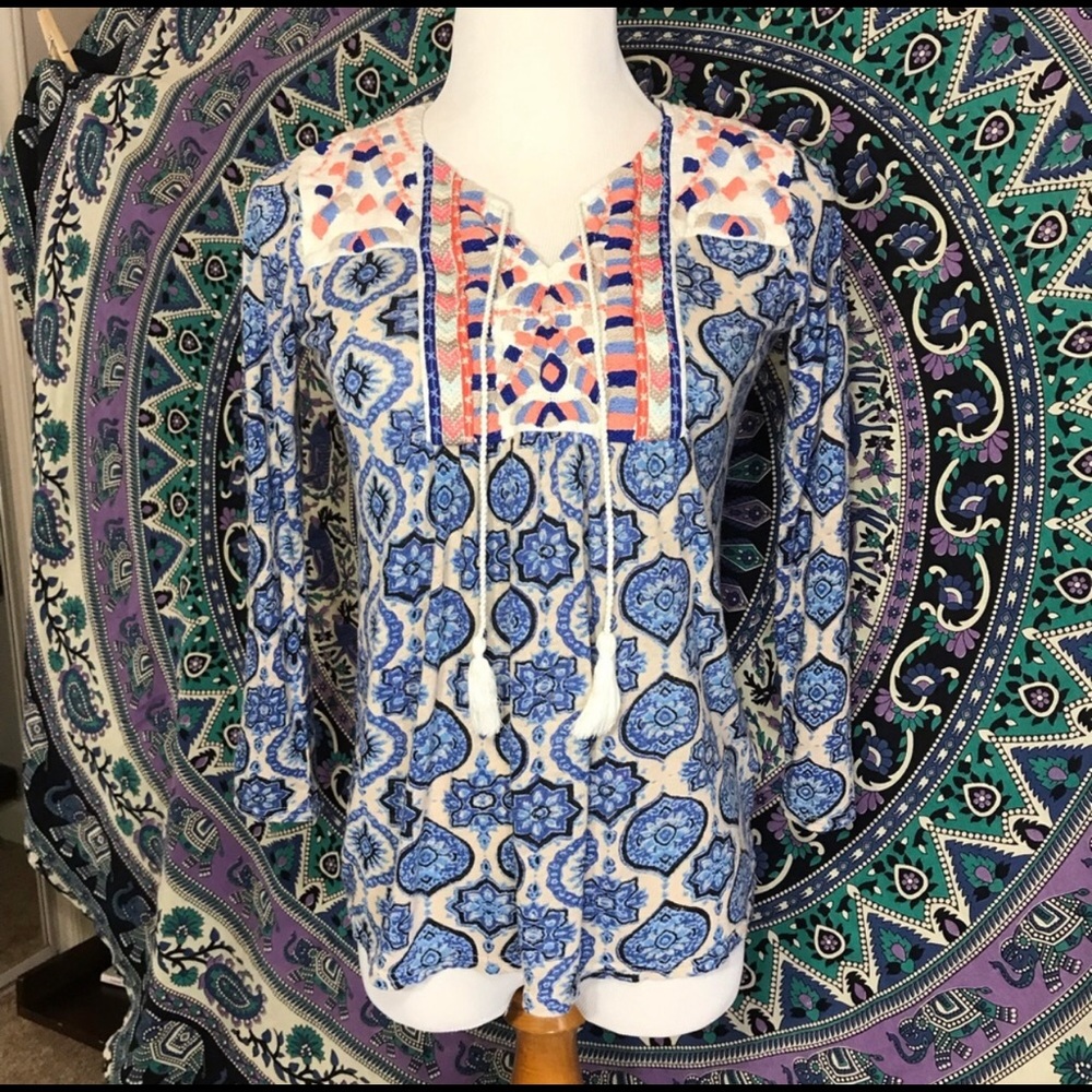 Lucky Brand Boho Pink Blue White Peasant Top 80318